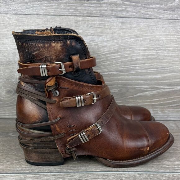 Freebird by Steven Crue Women’s Sz 8 Cognac Leather Buckle Straps Zip Ankle Boot - Picture 1 of 14
